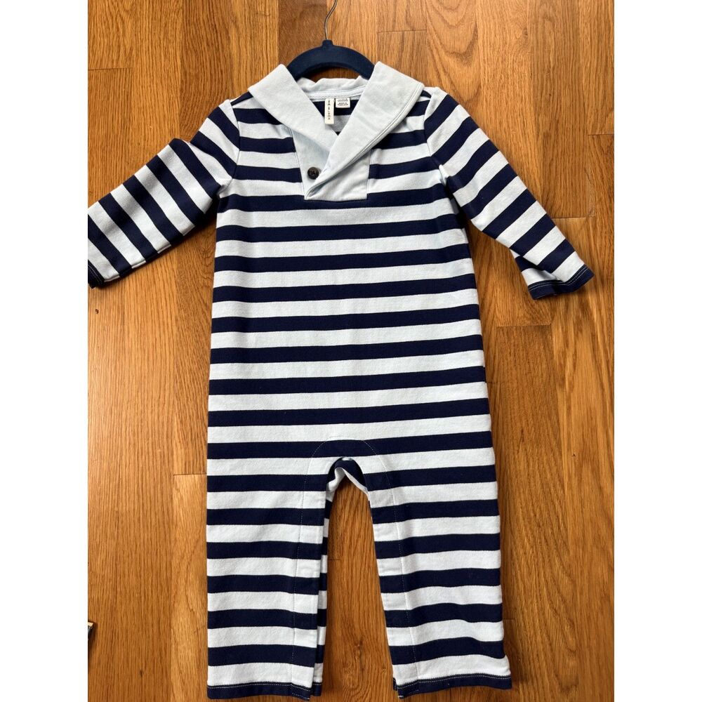 Janie and Jack Baby Boy Shawl Collar Stripe Romper 12-18M Blue One Piece Cotton